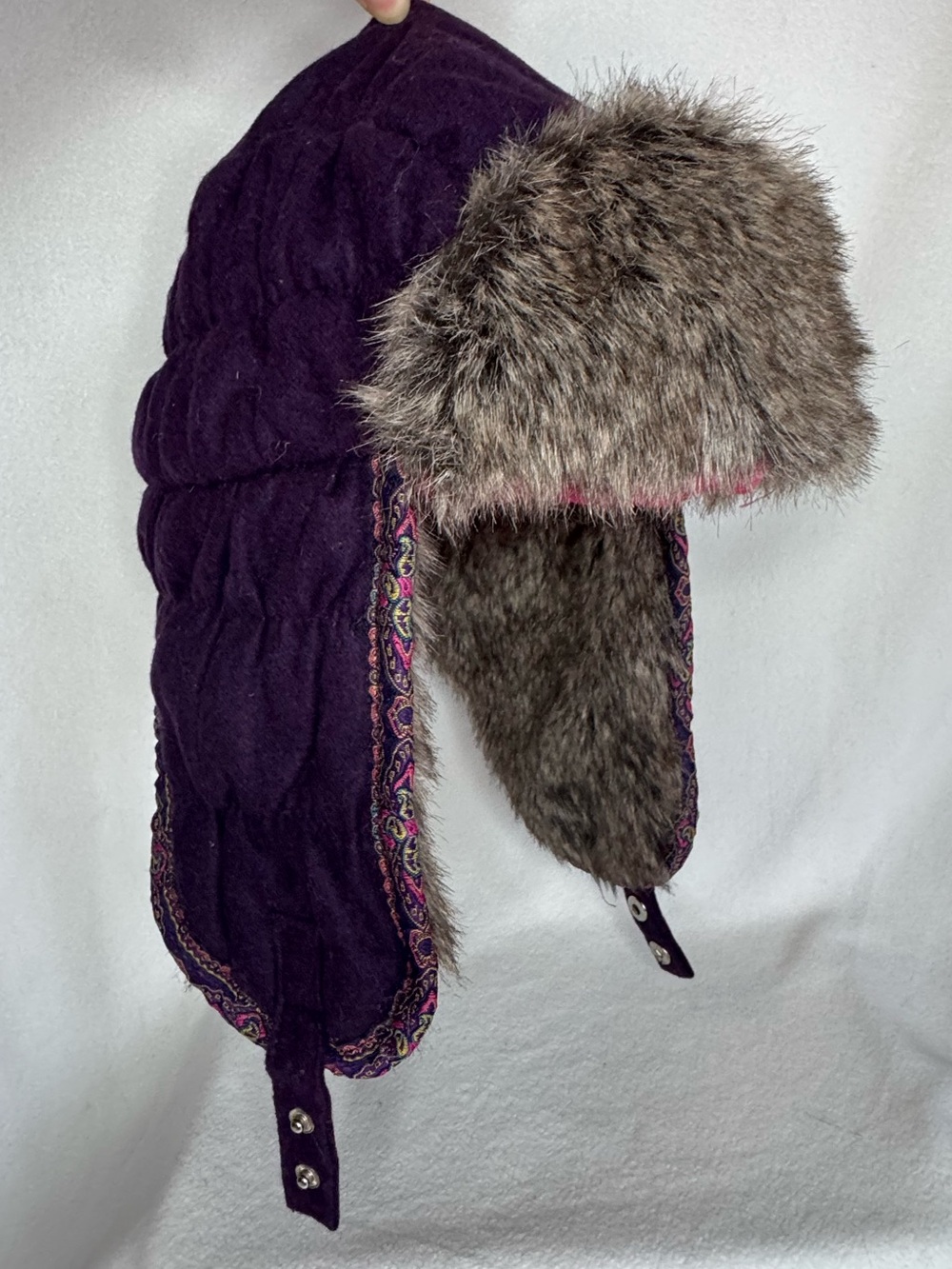 REI Womens S/M Purple Wool Trapper Hat Faux Fur Ear Flap Paisley Y2K Winter